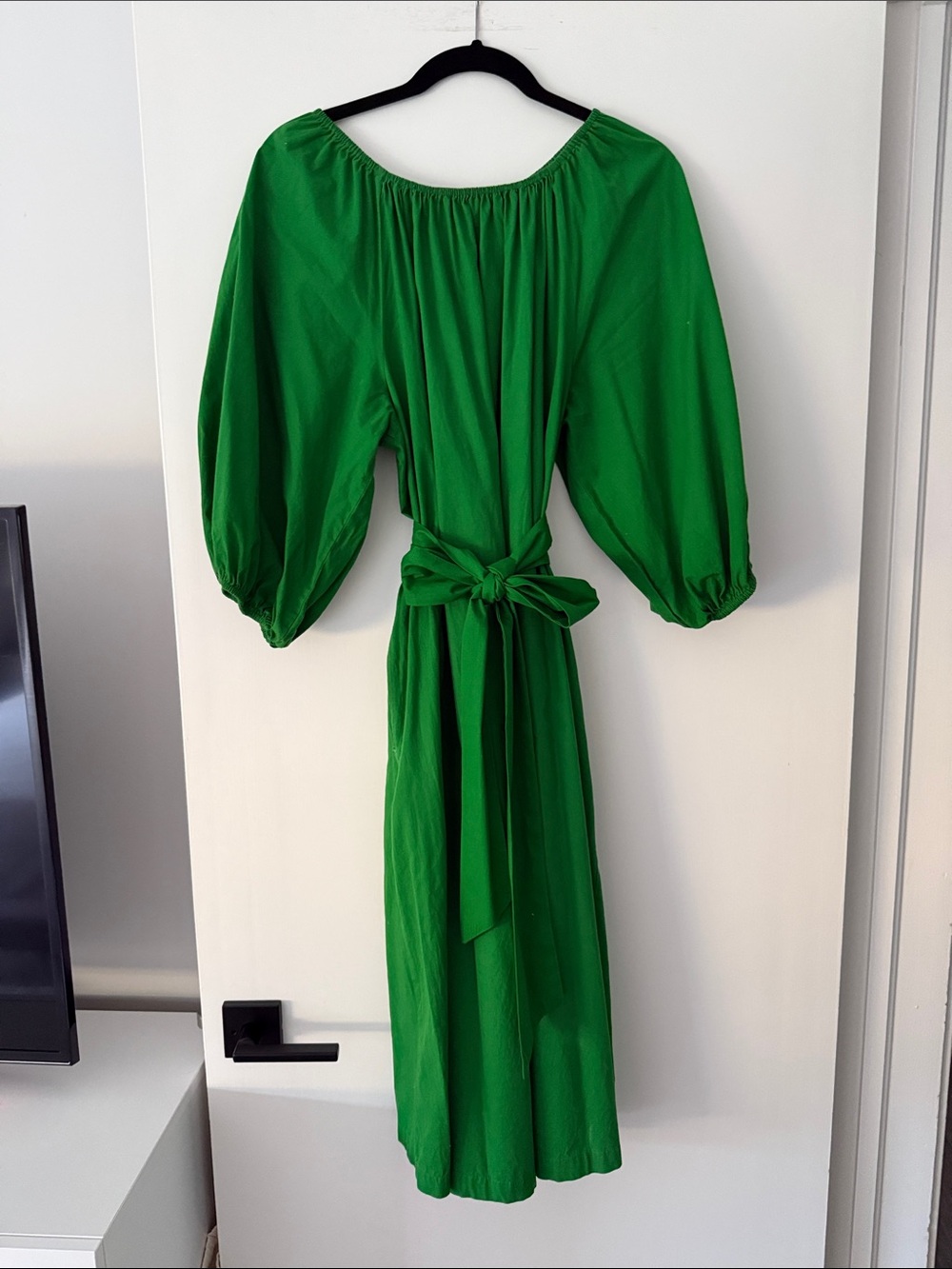 Francis Valentine Kelly green cotton Off-Shoulder Midi Dress with full sleeves